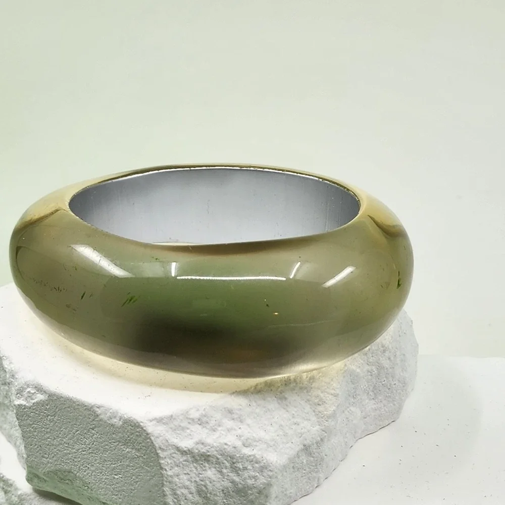 Chunky Olive Green Brown Translucent Resin Silver Tone Statement Bangle Bracelet